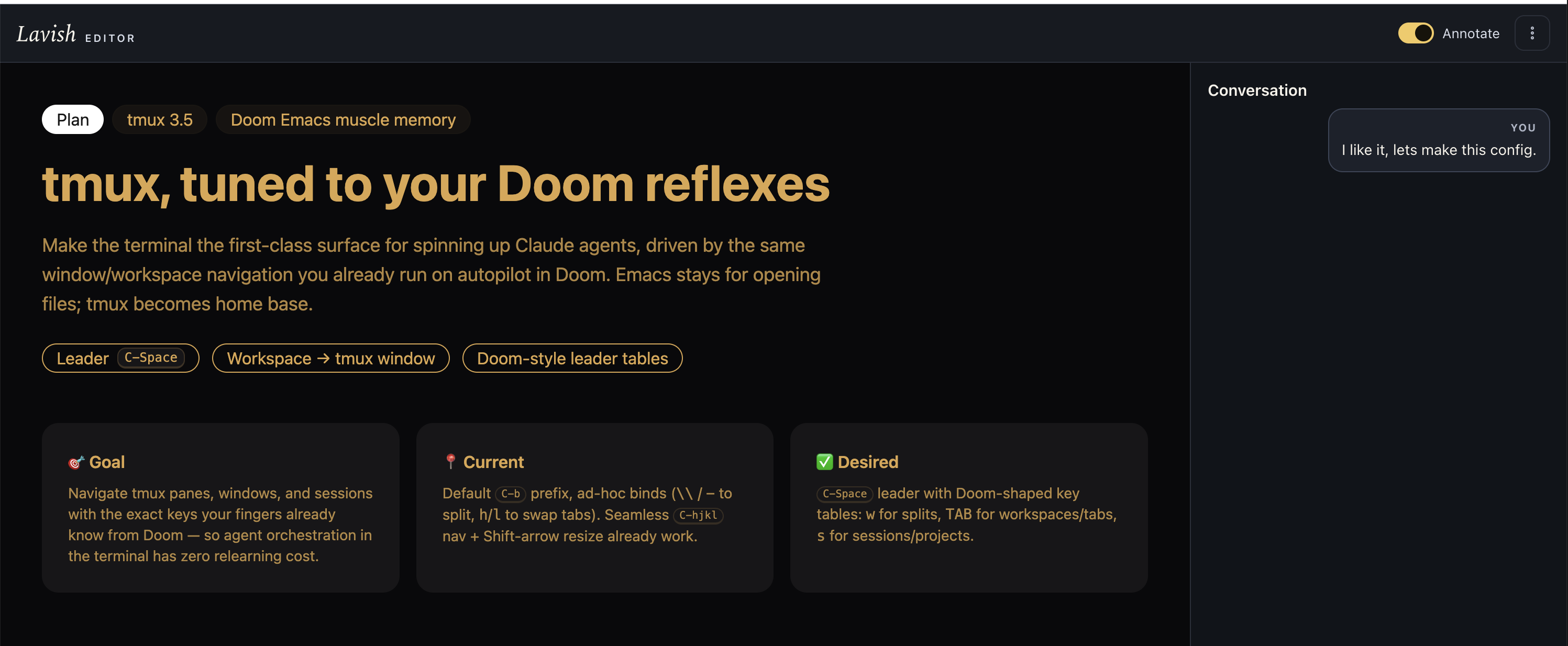 Figure 3: lavish in action - the tmux config plan with my feedback visible in the conversation panel