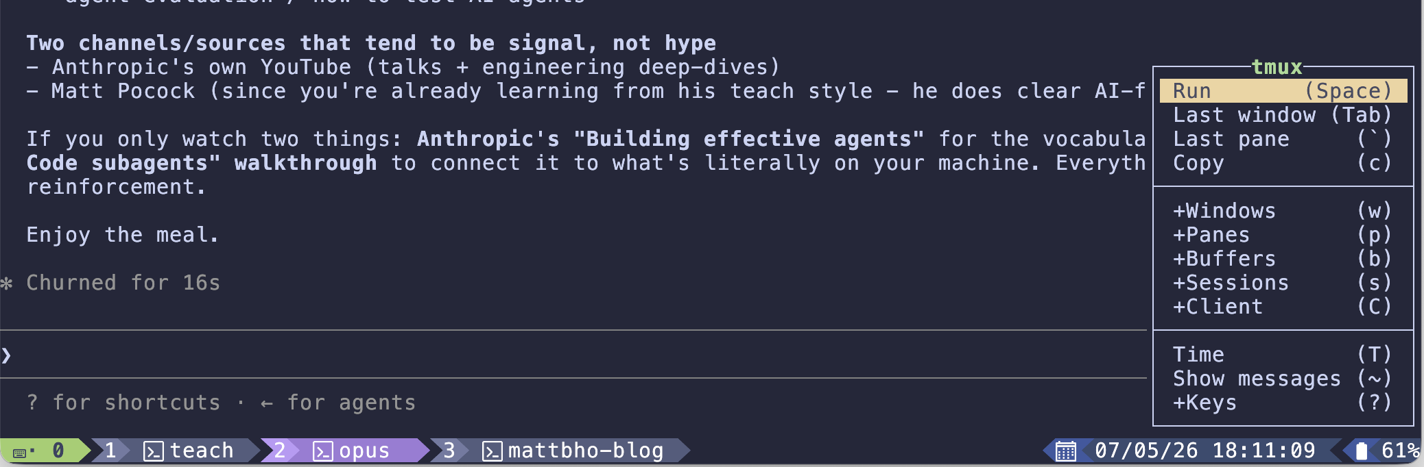 Figure 1: tmux which-key popup showing the Doom-style leader table - +Windows, +Panes, +Sessions all one key away