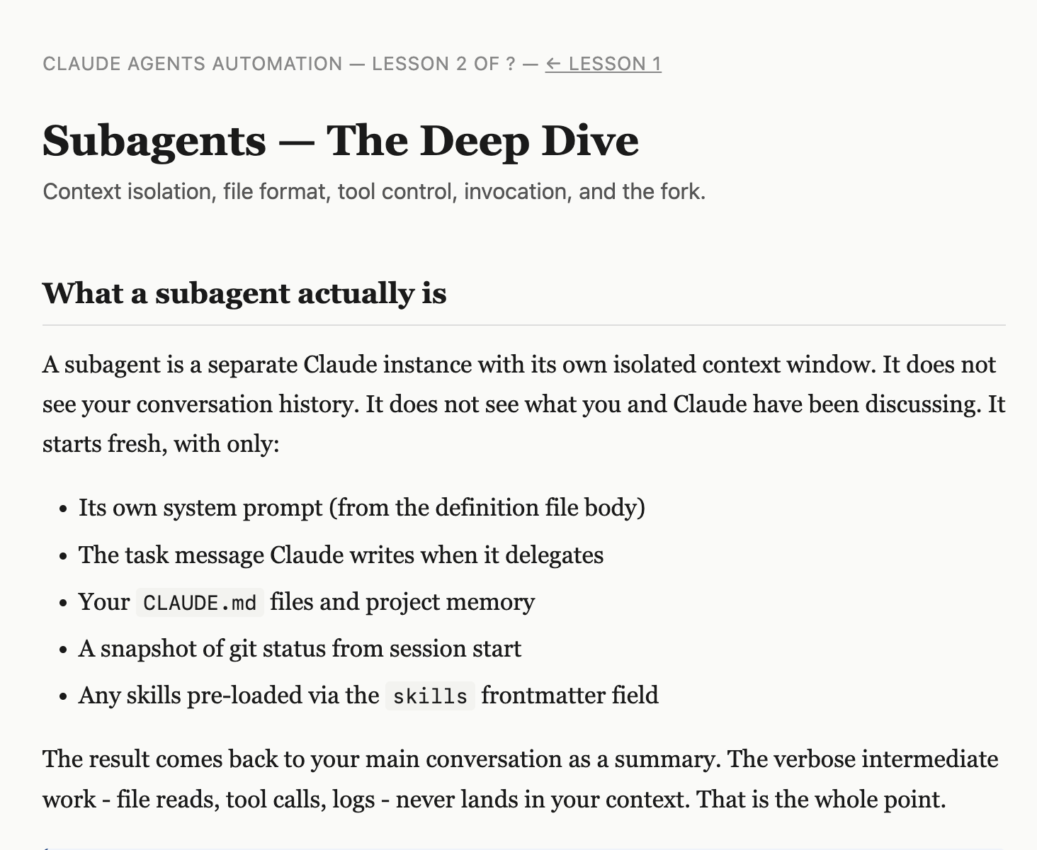 Figure 4: The /teach skill running a lesson on Claude agent primitives